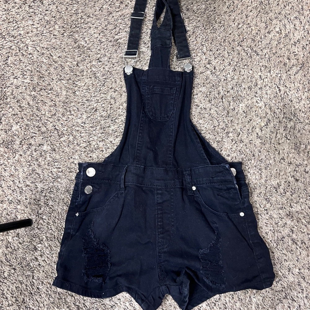 Black Denim Short Overalls